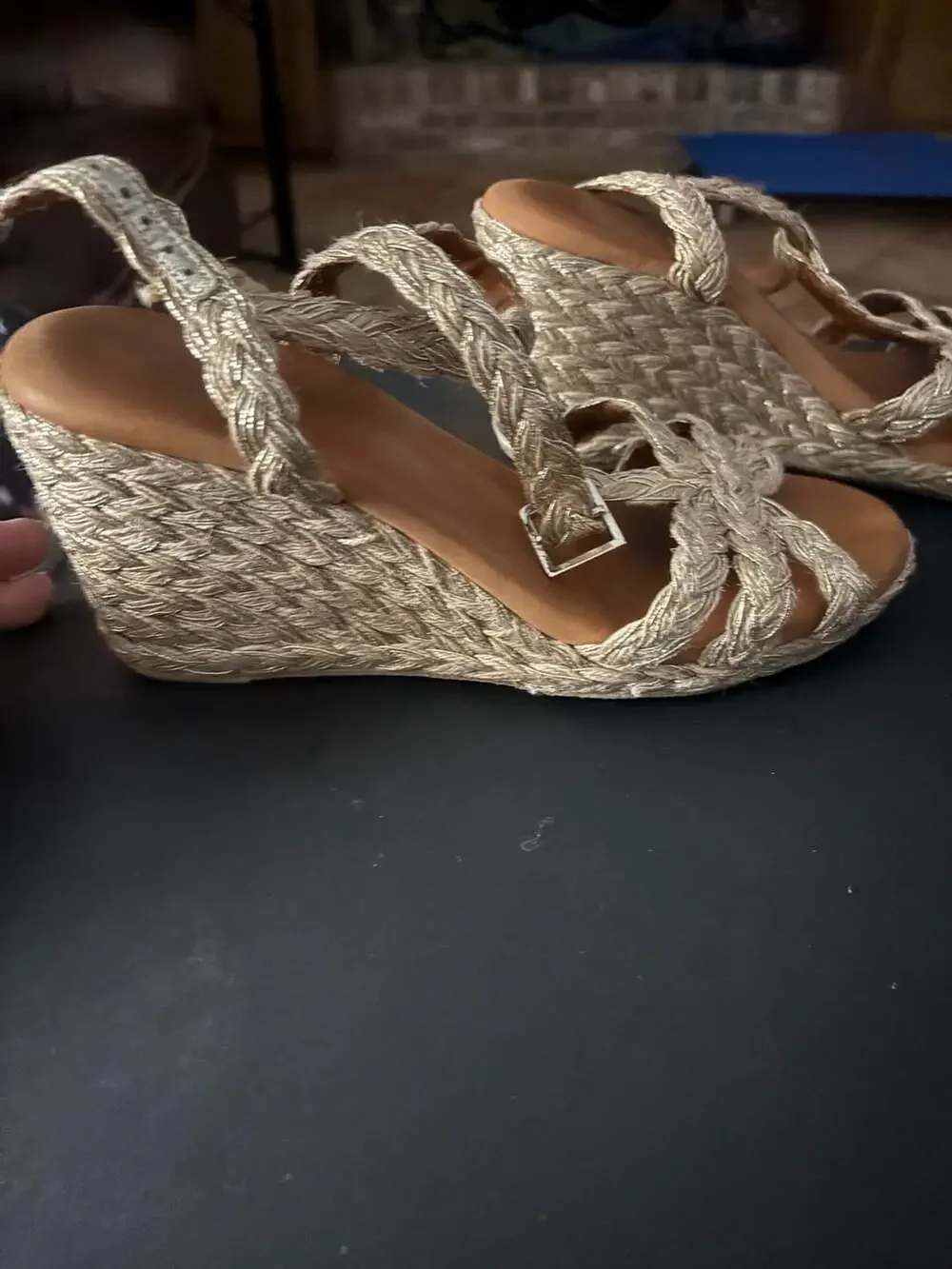 André Assous Maria Metallic Raffia T-Strap Wedge Sandals